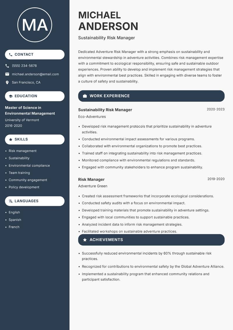 Adventure Risk Manager resume sample — Sustainability Risk Manager focus