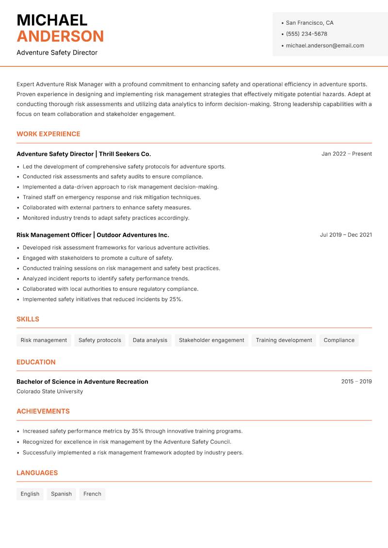 Adventure Risk Manager resume sample — Adventure Safety Director focus