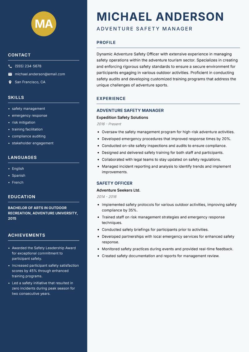 Adventure Safety Officer resume sample — Adventure Safety Manager focus