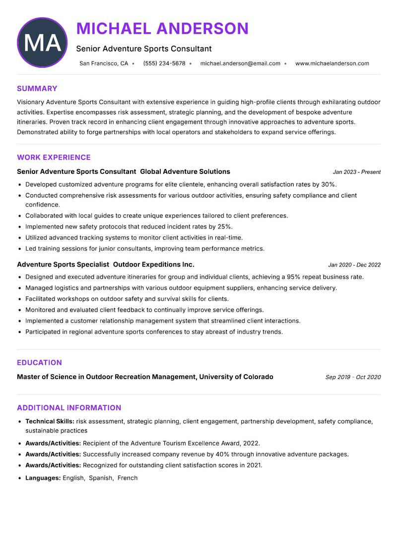 Adventure Sports Consultant resume example