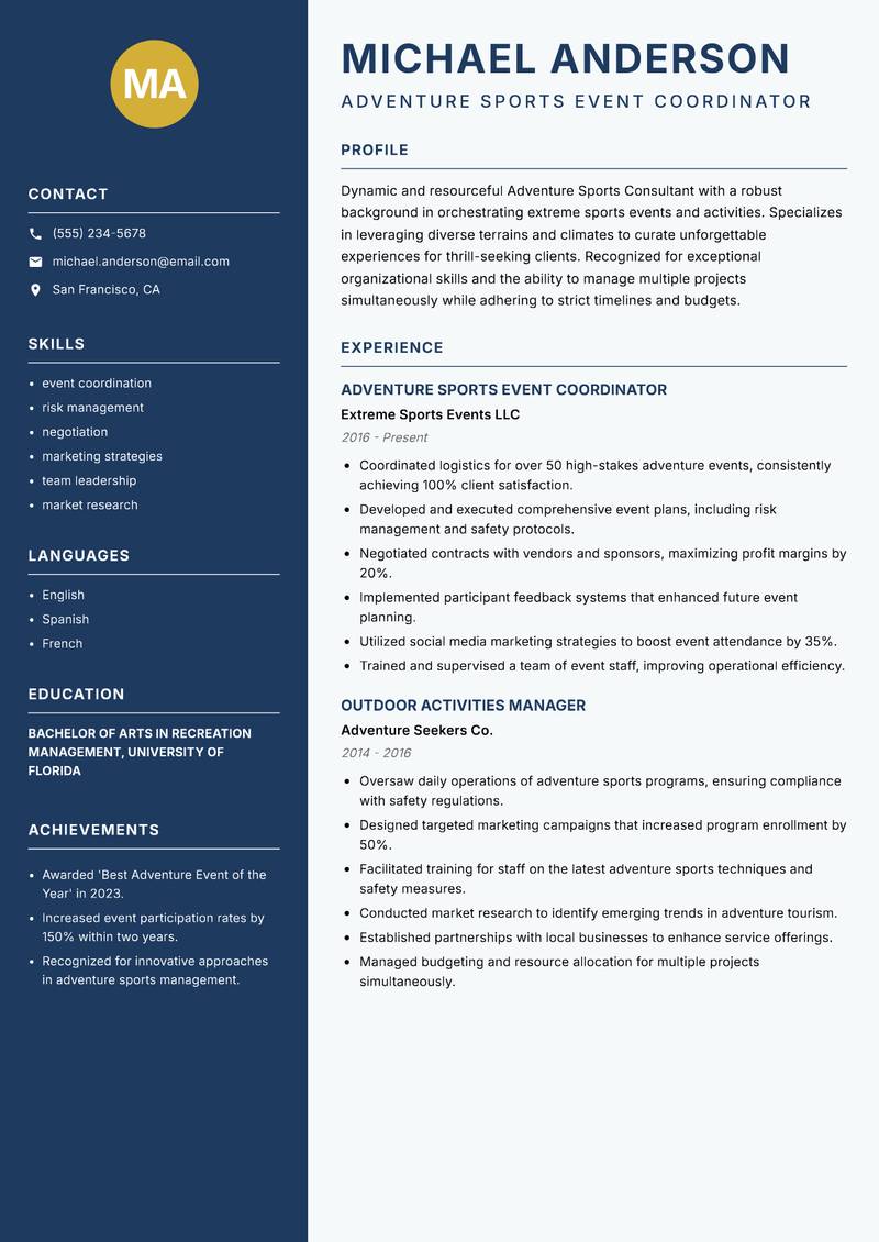 Adventure Sports Consultant resume sample — Adventure Sports Event Coordinator focus
