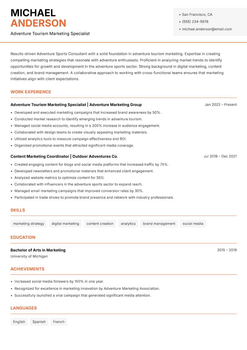 Adventure Sports Consultant resume sample — Adventure Tourism Marketing Specialist focus