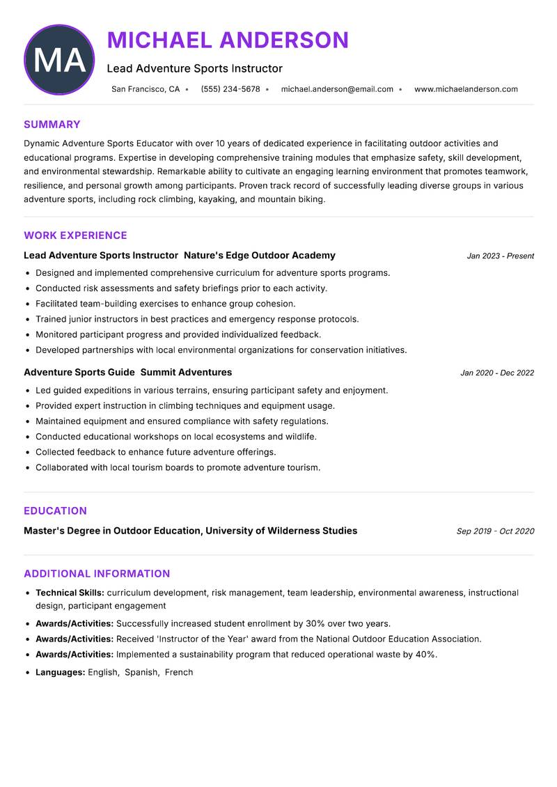Adventure Sports Educator resume example