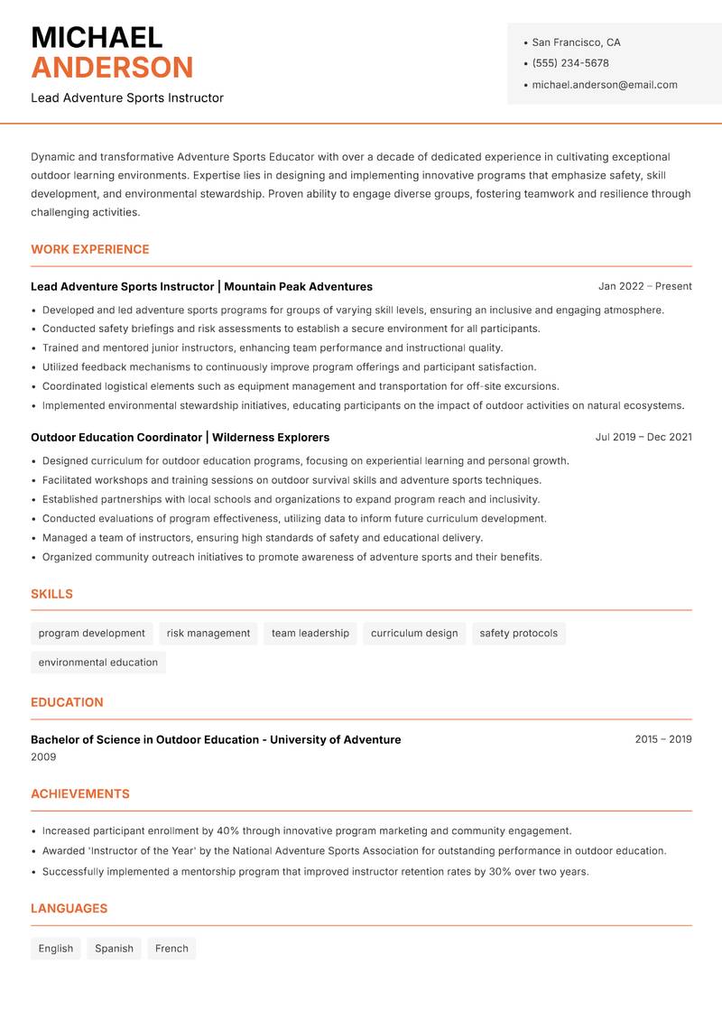 Adventure Sports Educator resume sample — Lead Adventure Sports Instructor focus