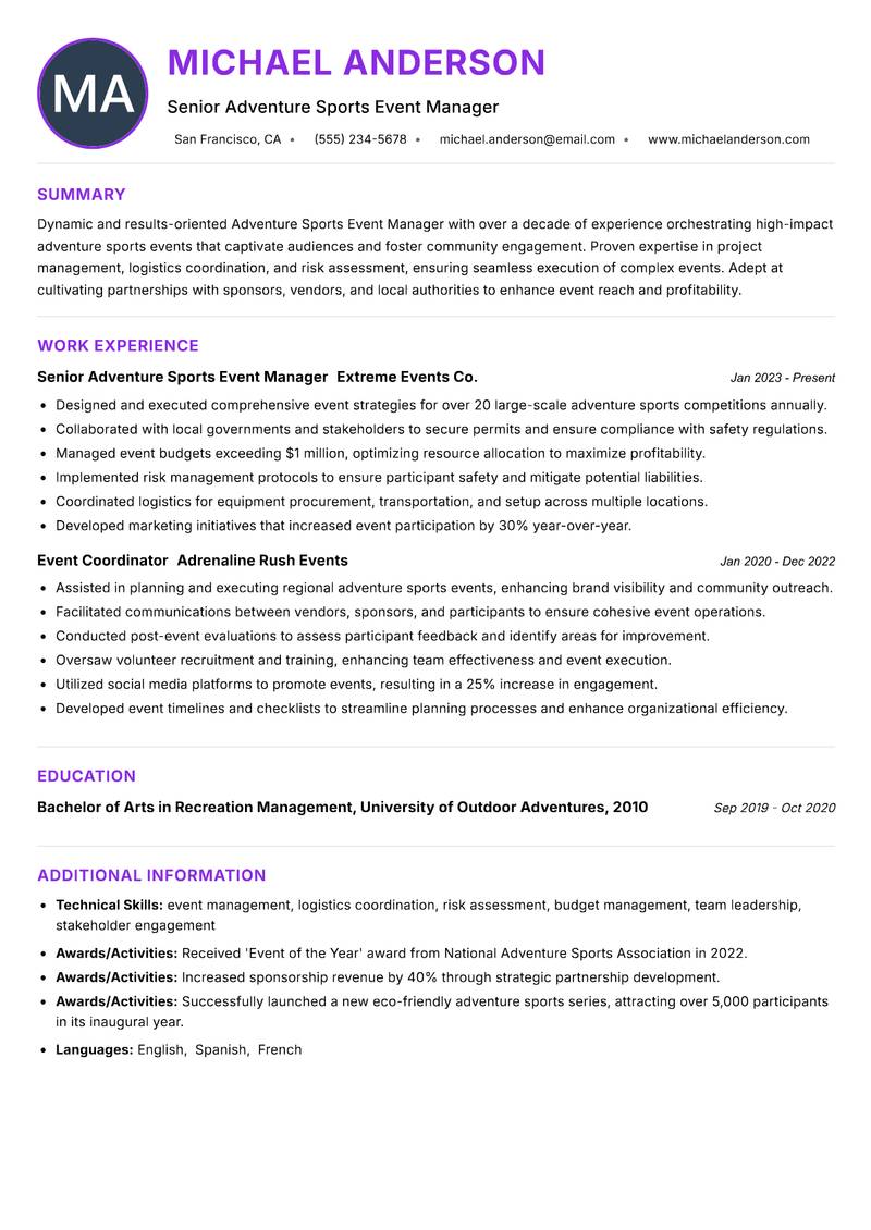 Adventure Sports Event Manager resume example