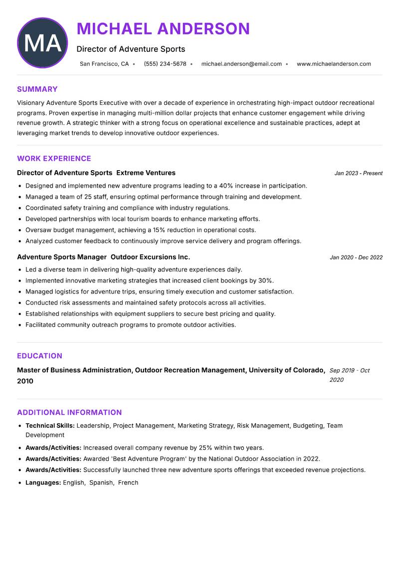 Adventure Sports Executive resume example