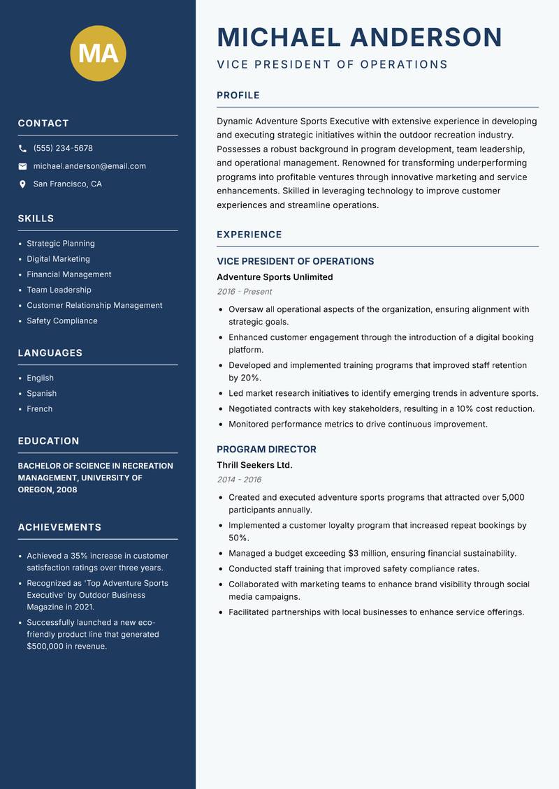 Adventure Sports Executive resume sample — Vice President of Operations focus
