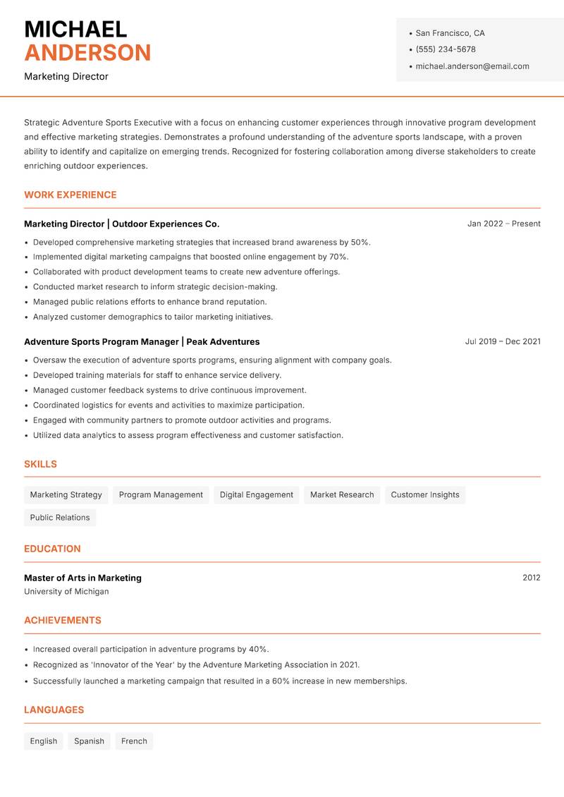 Adventure Sports Executive resume sample — Marketing Director focus