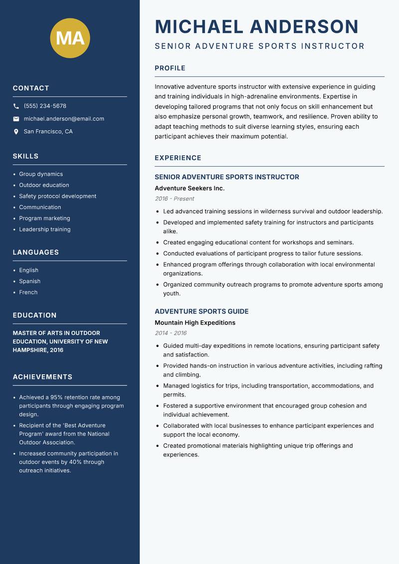 Adventure Sports Instructor resume sample — Senior Adventure Sports Instructor focus