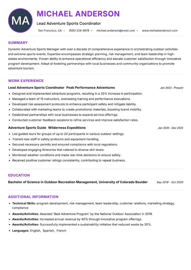 Adventure Sports Manager resume example