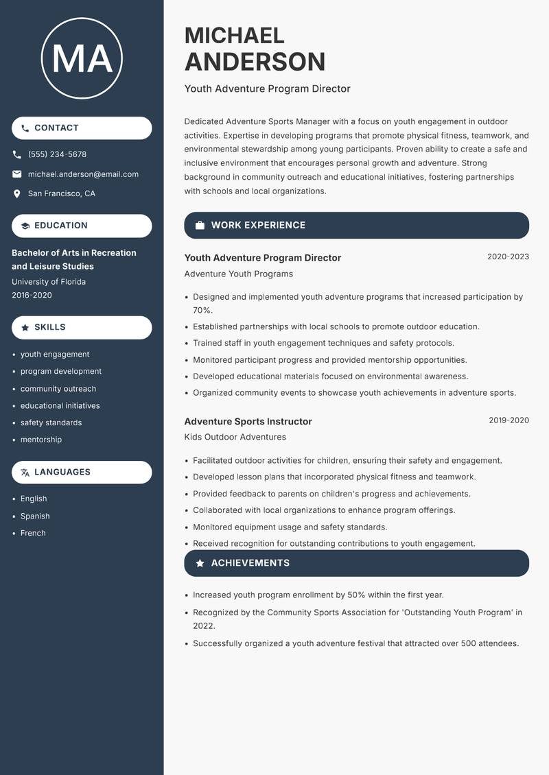 Adventure Sports Manager resume sample — Youth Adventure Program Director focus