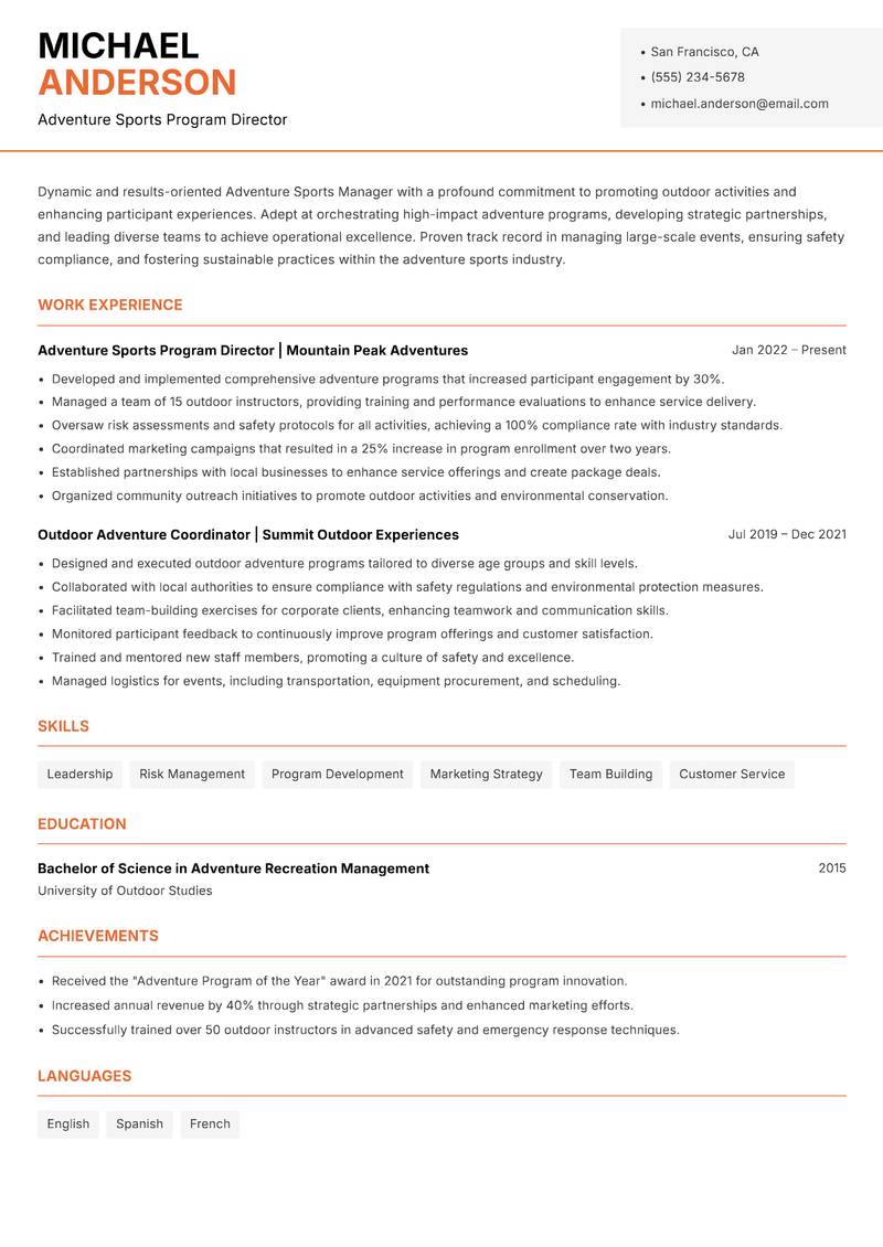 Adventure Sports Manager resume sample — Adventure Sports Program Director focus
