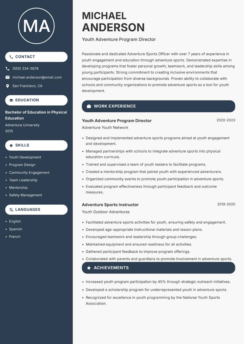 Adventure Sports Officer resume sample — Youth Adventure Program Director focus