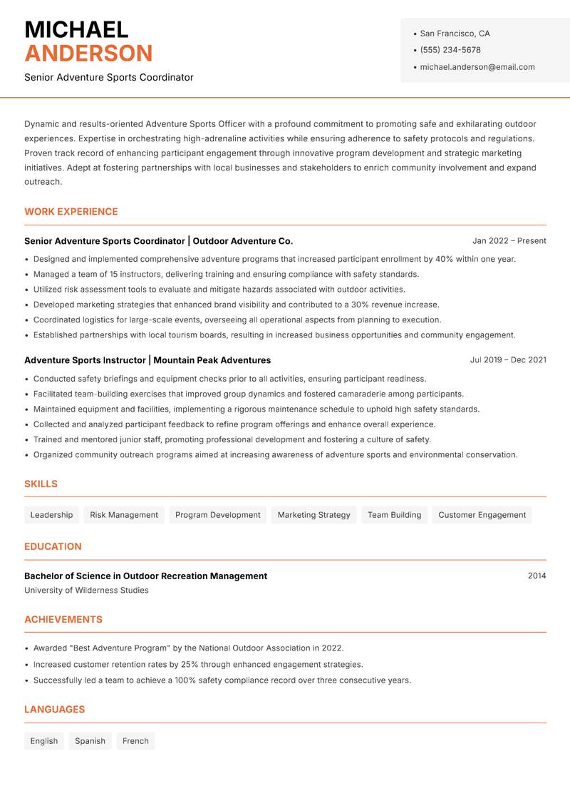Adventure Sports Officer resume sample — Senior Adventure Sports Coordinator focus