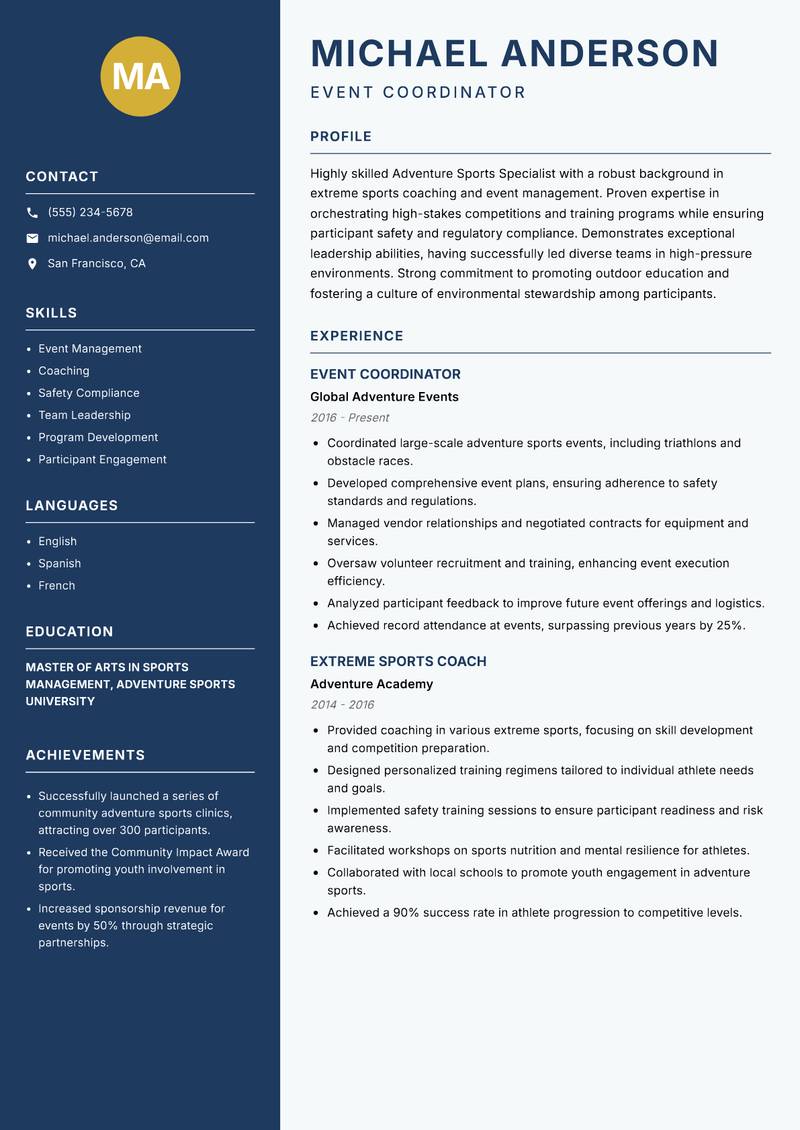 Adventure Sports Specialist resume sample — Event Coordinator focus