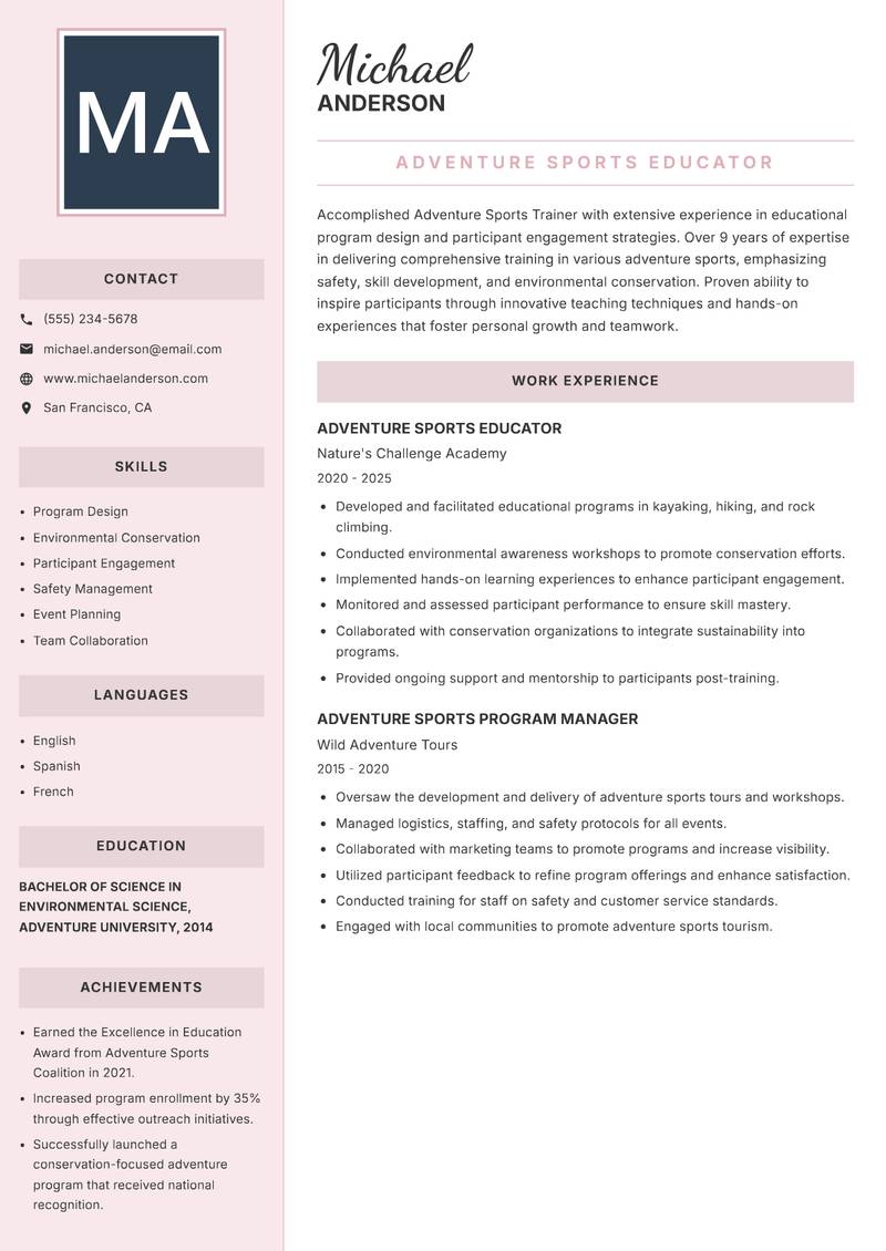 Adventure Sports Trainer resume sample — Adventure Sports Educator focus