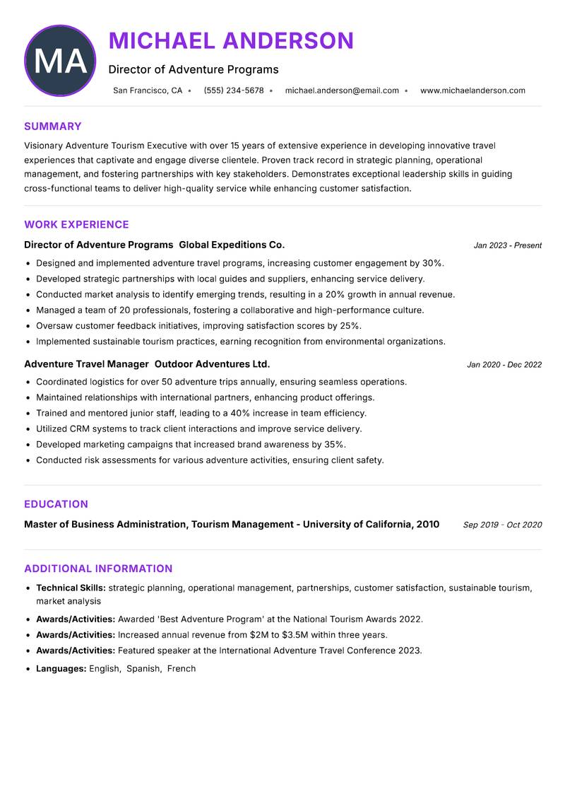 Adventure Tourism Executive resume example — Tourism