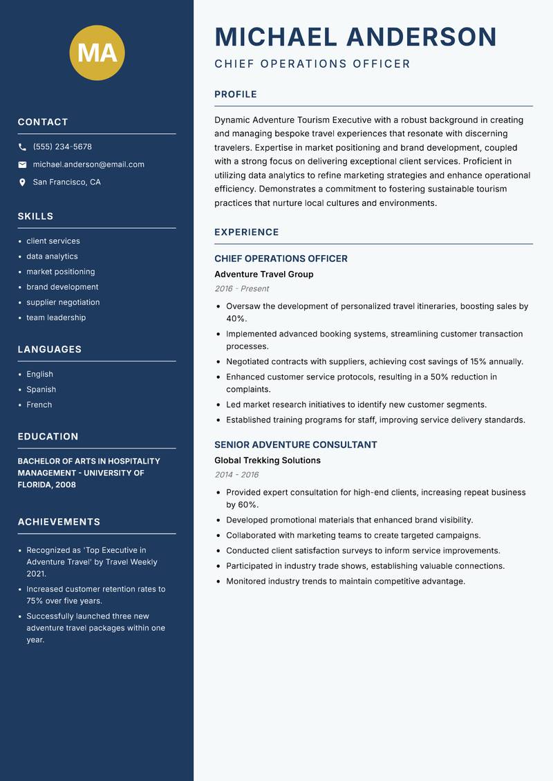 Adventure Tourism Executive resume sample — Chief Operations Officer focus
