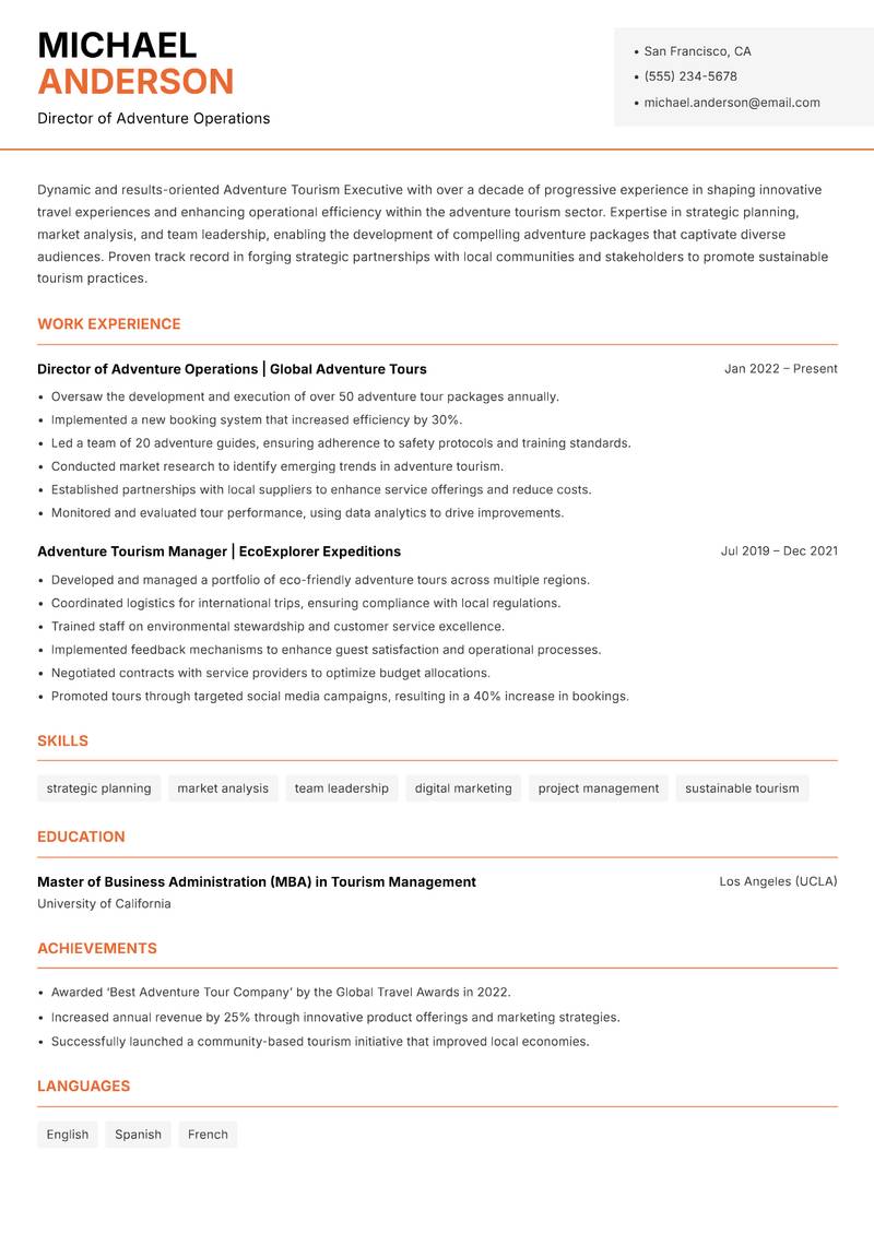 Adventure Tourism Executive resume sample — Director of Adventure Operations focus