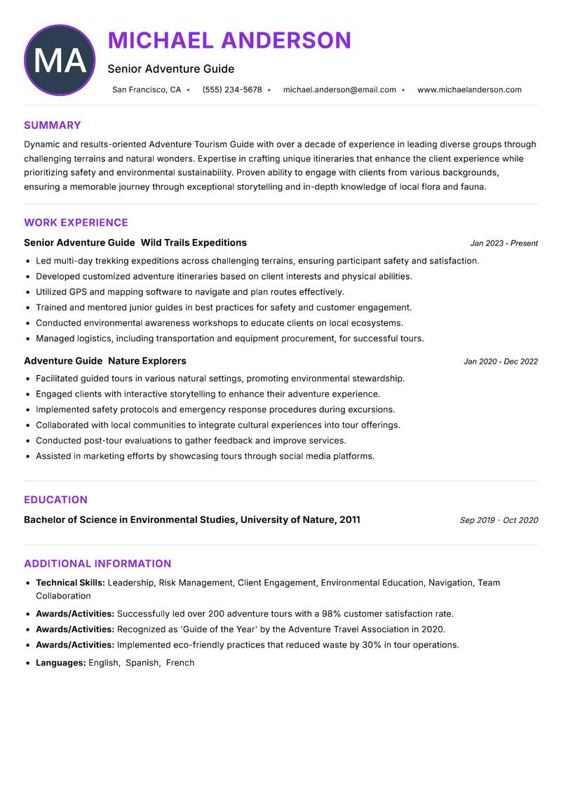 Adventure Tourism Guide resume example