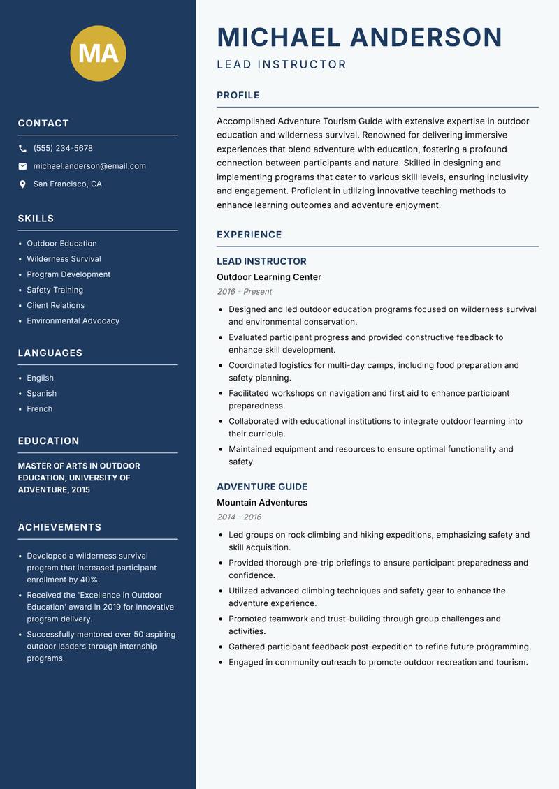 Adventure Tourism Guide resume sample — Lead Instructor focus