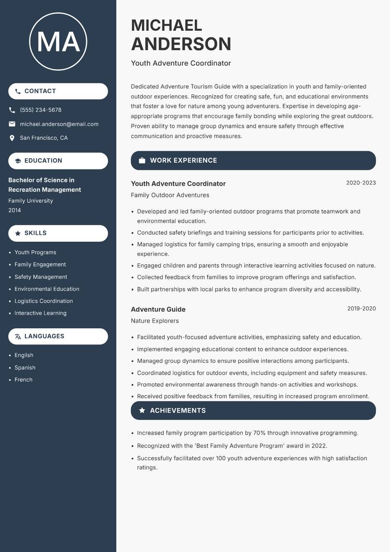 Adventure Tourism Guide resume sample — Youth Adventure Coordinator focus