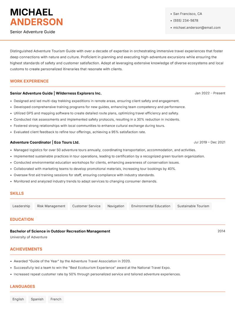 Adventure Tourism Guide resume sample — Senior Adventure Guide focus