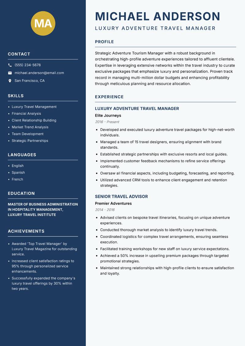 Adventure Tourism Manager resume sample — Luxury Adventure Travel Manager focus