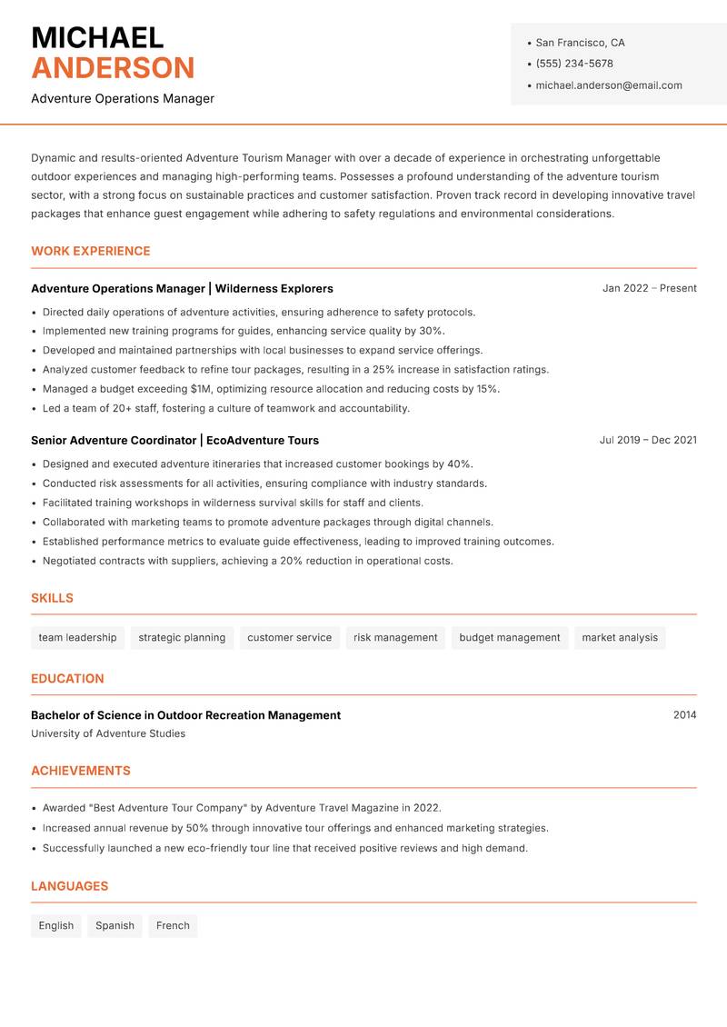 Adventure Tourism Manager resume sample — Adventure Operations Manager focus