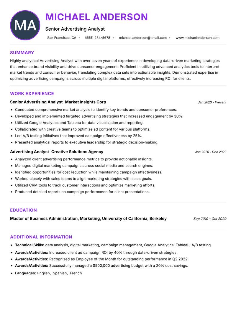 Advertising Analyst resume example