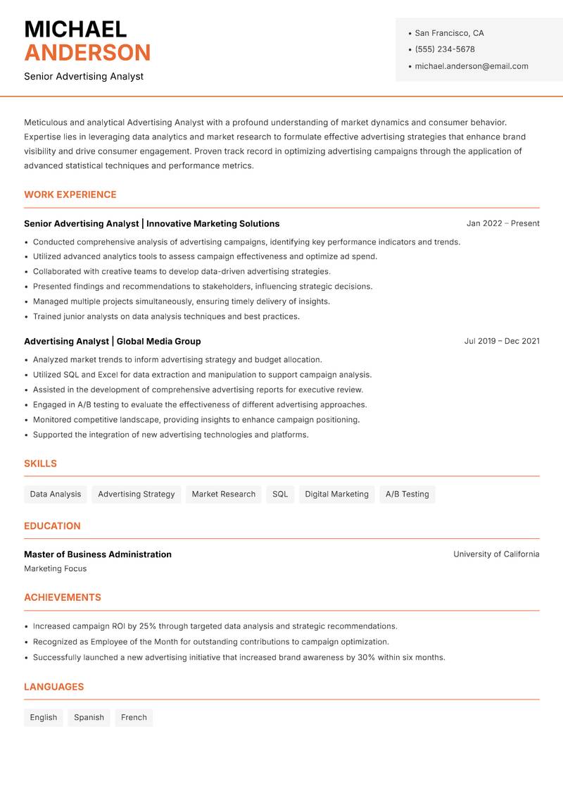 Advertising Analyst resume sample — Senior Advertising Analyst focus