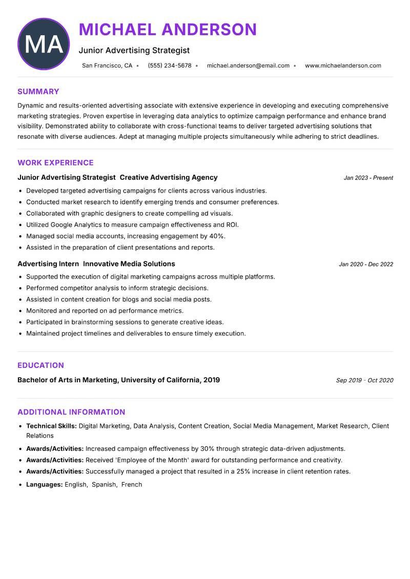 Advertising Associate resume example