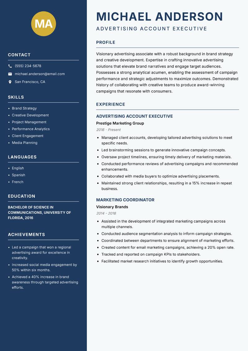 Advertising Associate resume sample — Advertising Account Executive focus