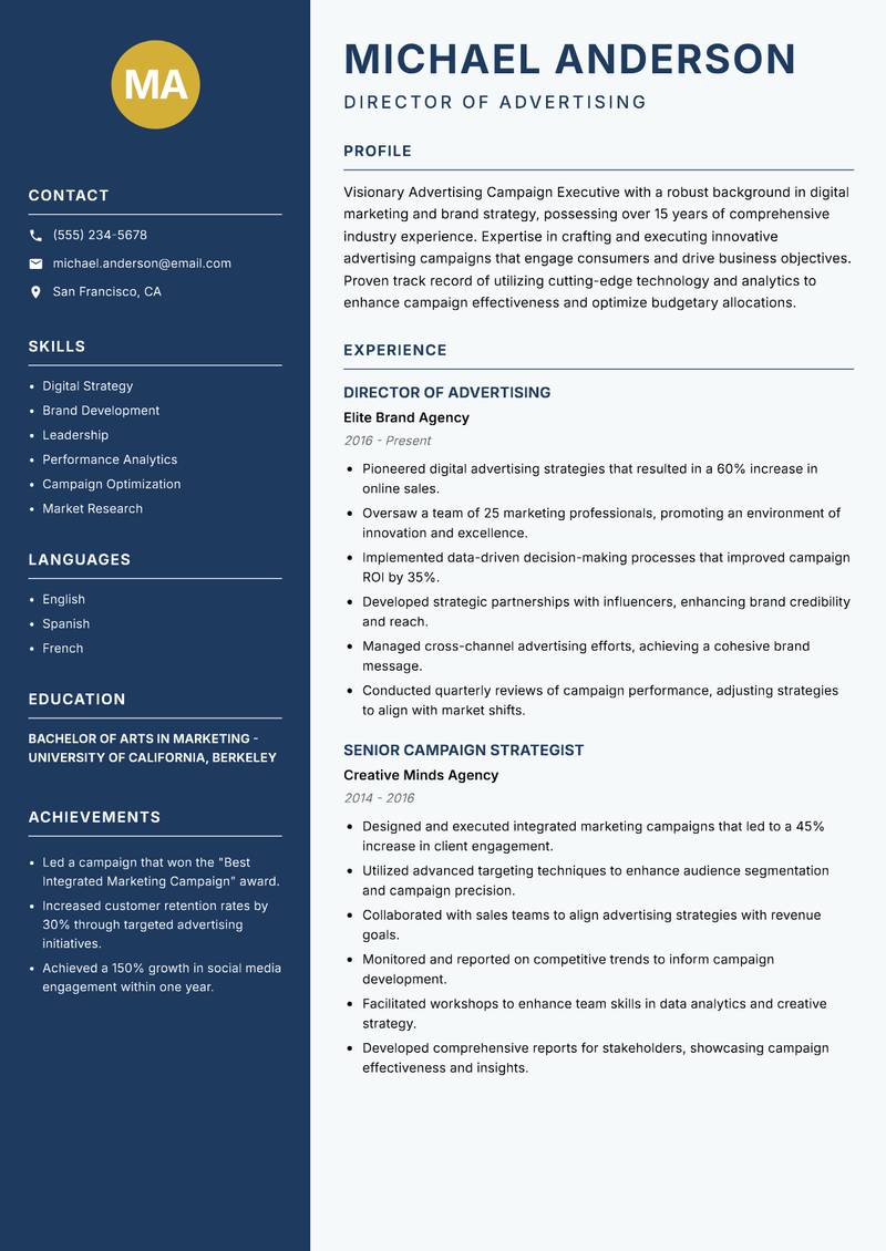 Advertising Campaign Executive resume sample — Director of Advertising focus