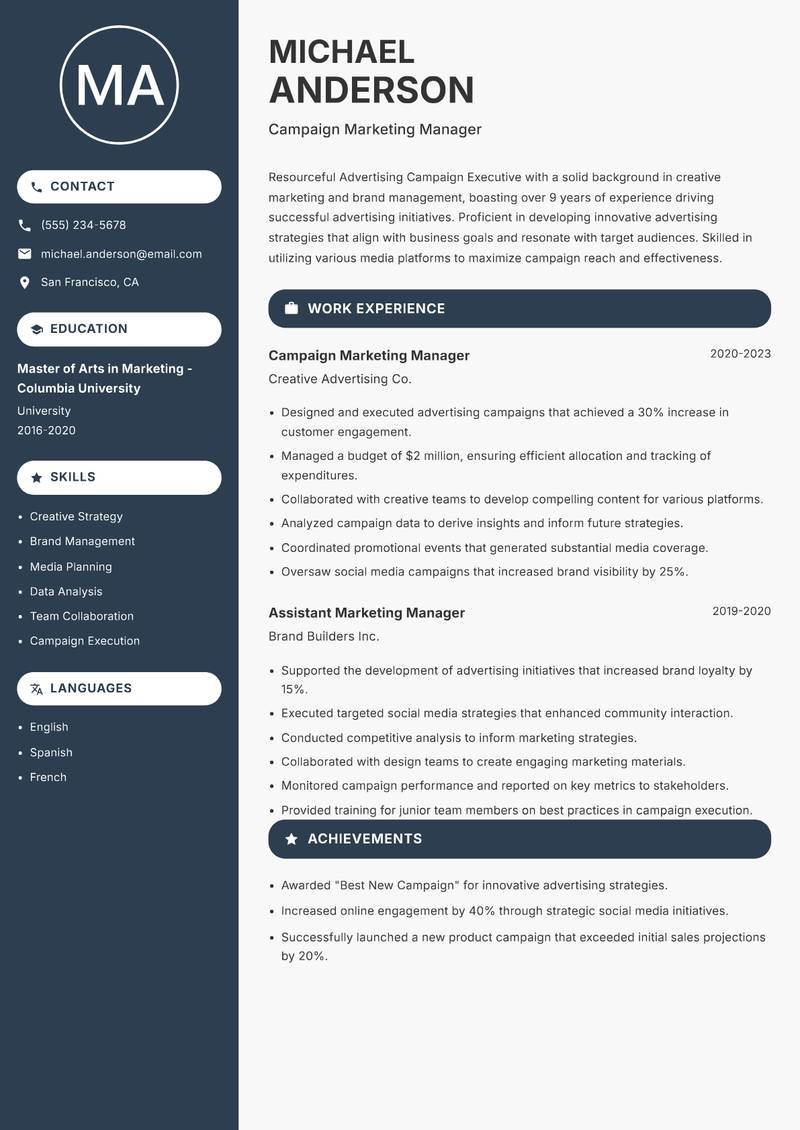 Advertising Campaign Executive resume sample — Campaign Marketing Manager focus