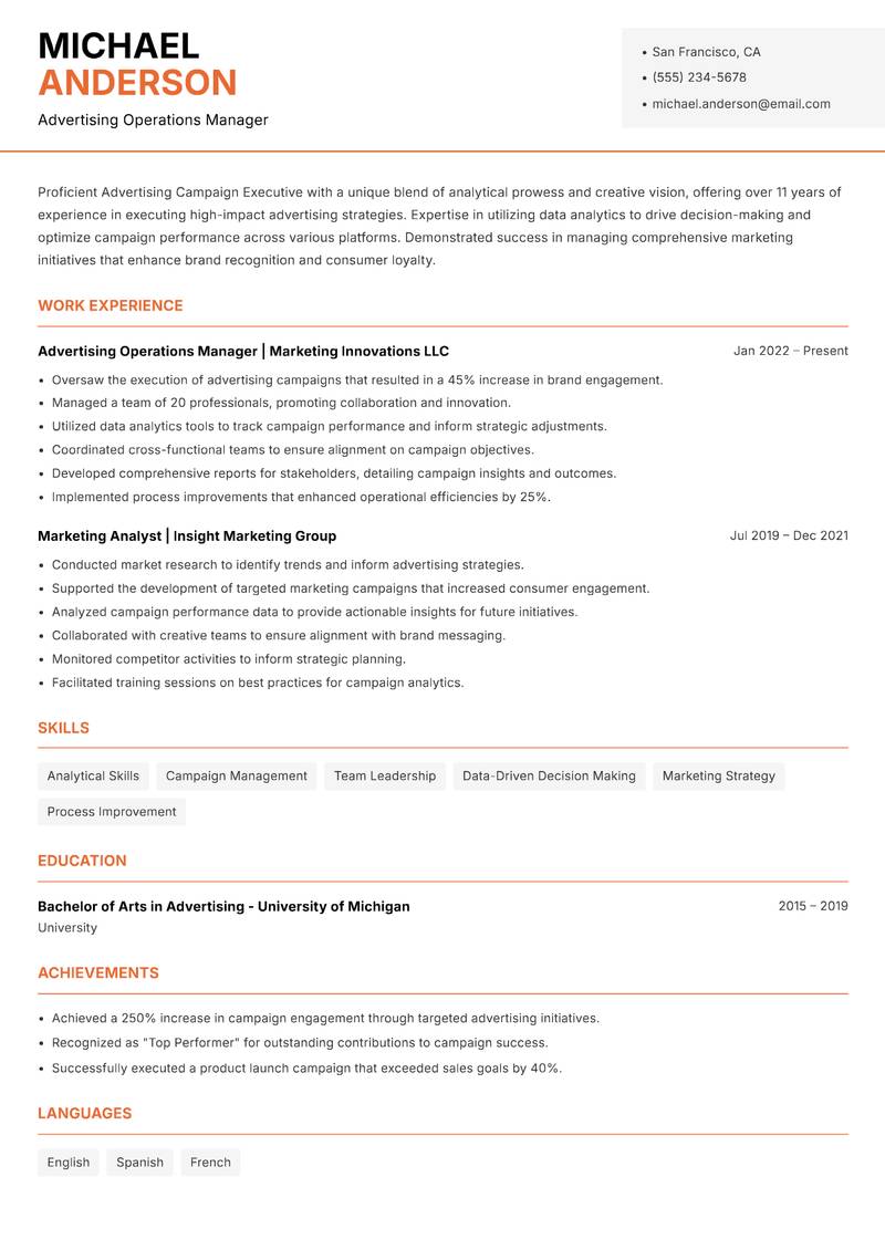 Advertising Campaign Executive resume sample — Advertising Operations Manager focus
