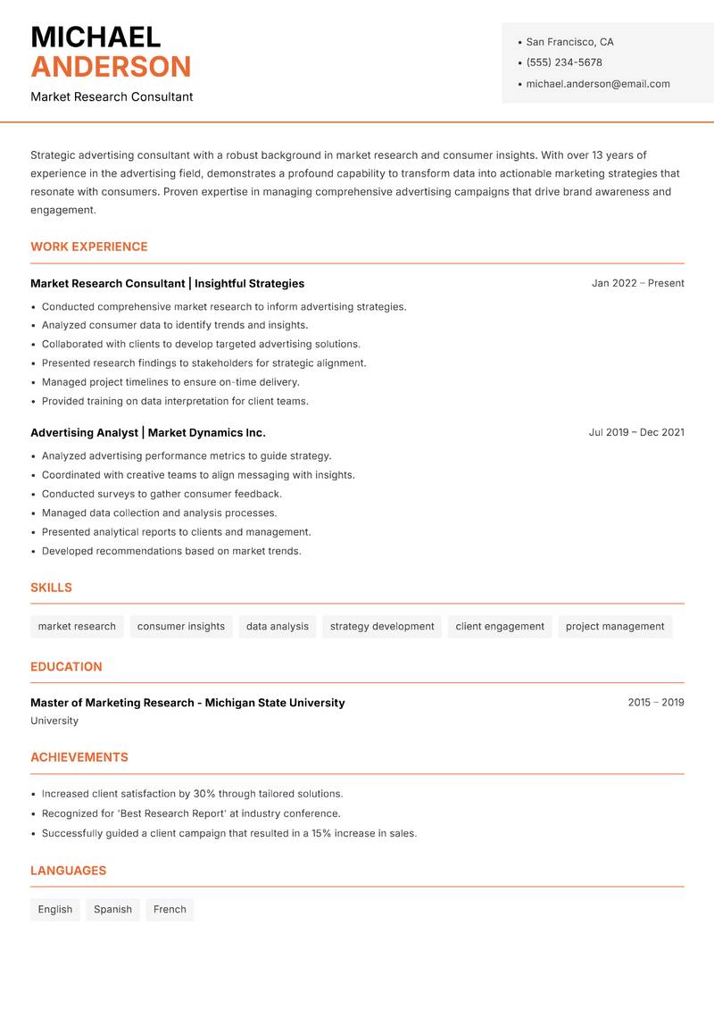 Advertising Consultant resume sample — Market Research Consultant focus