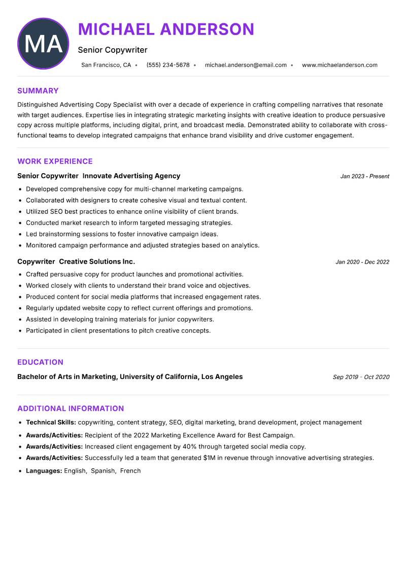 Advertising Copy Specialist resume example