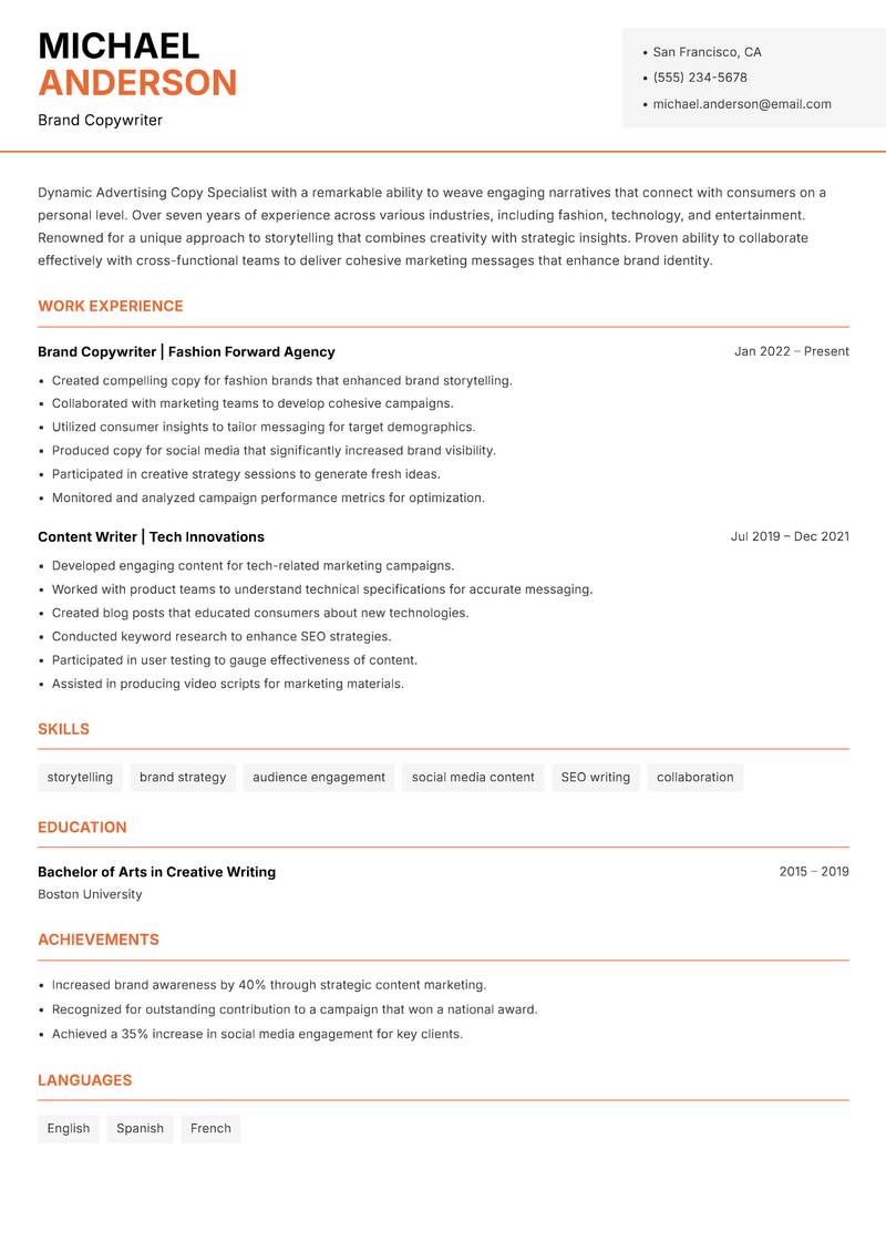 Advertising Copy Specialist resume sample — Brand Copywriter focus