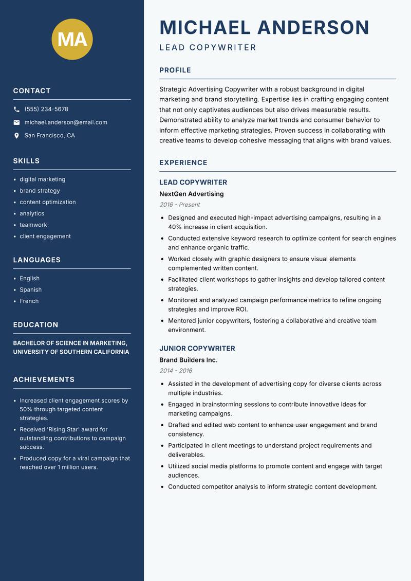 Advertising Copywriter resume sample — Lead Copywriter focus