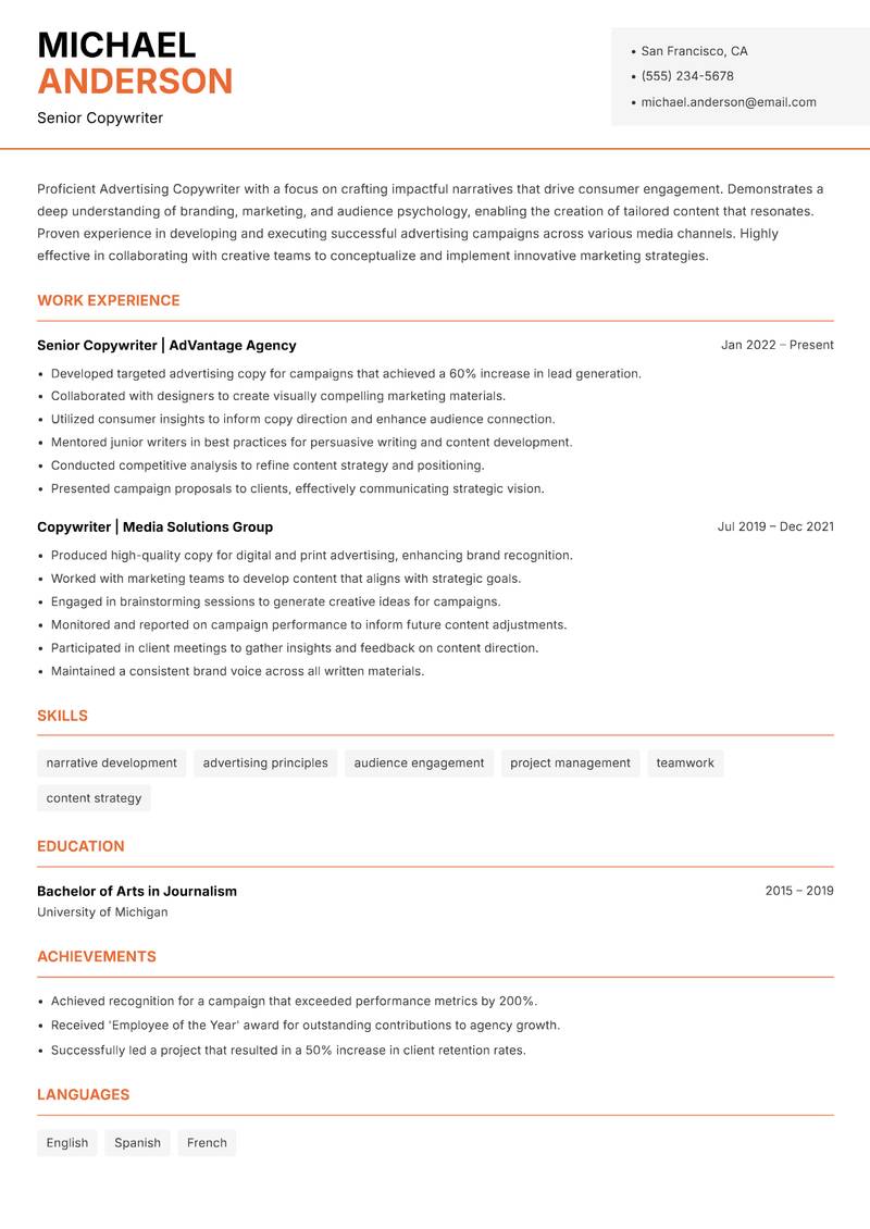 Advertising Copywriter resume sample — Senior Copywriter focus