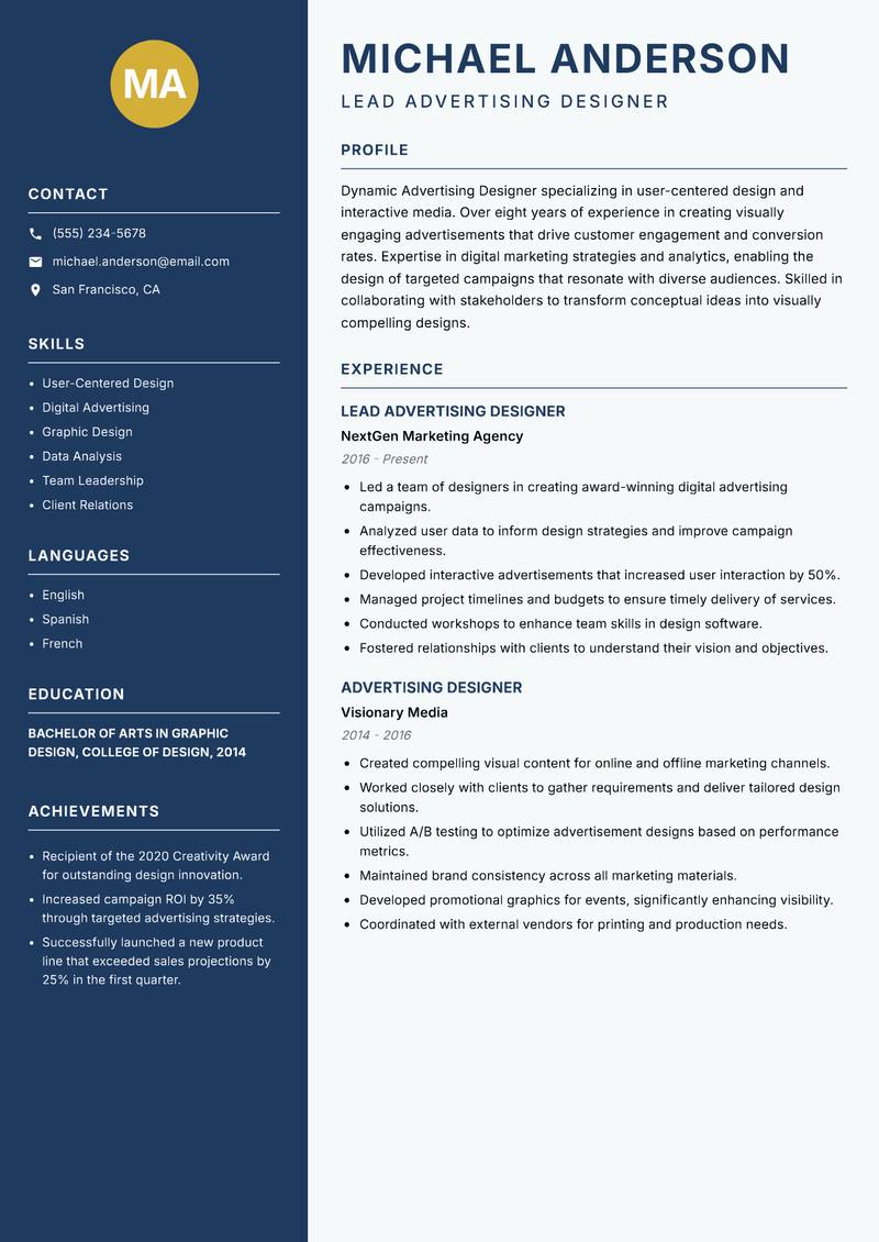 Advertising Designer resume sample — Lead Advertising Designer focus