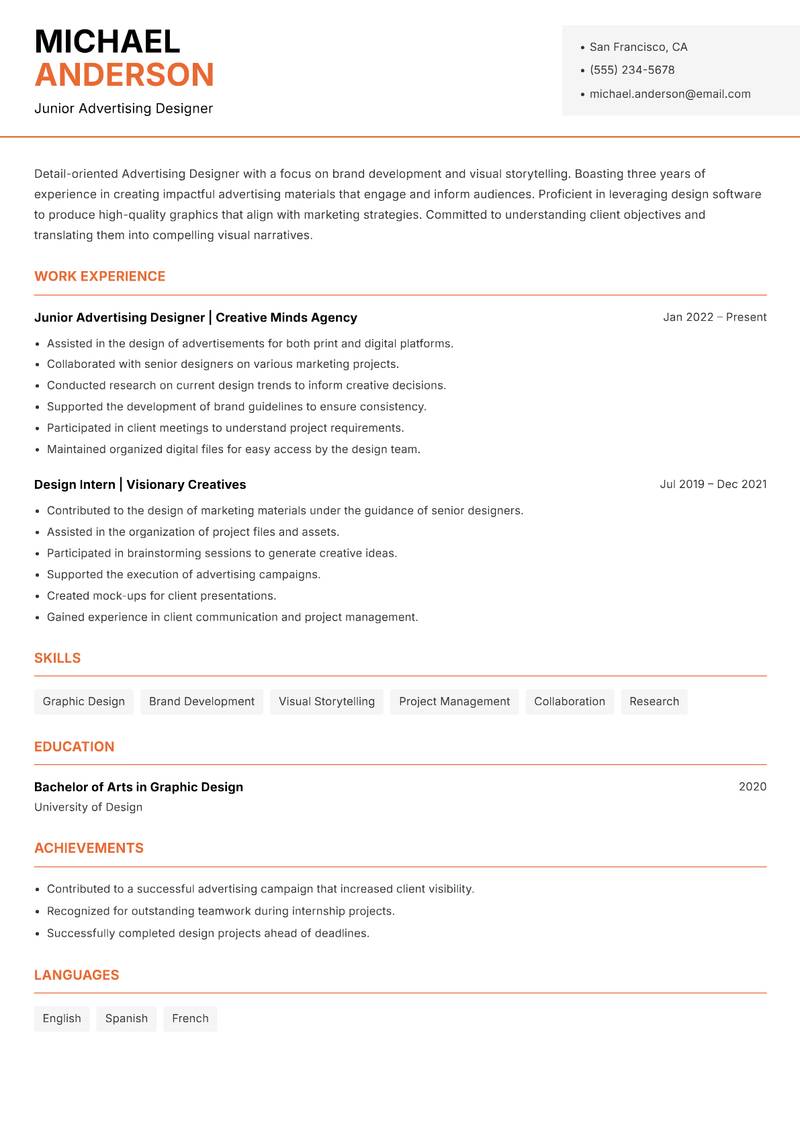 Advertising Designer resume sample — Junior Advertising Designer focus