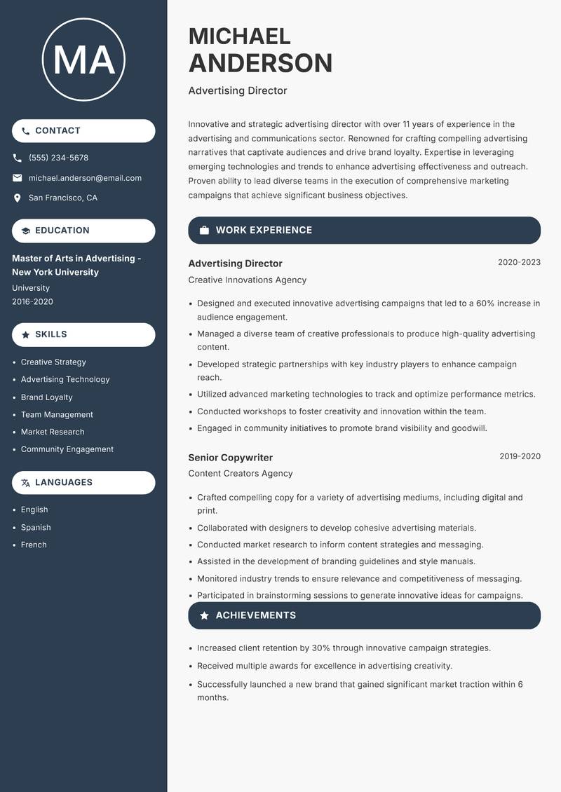 Advertising Director resume sample — Advertising Director focus