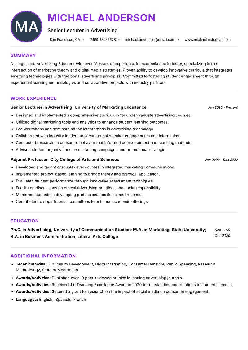 Advertising Educator resume example