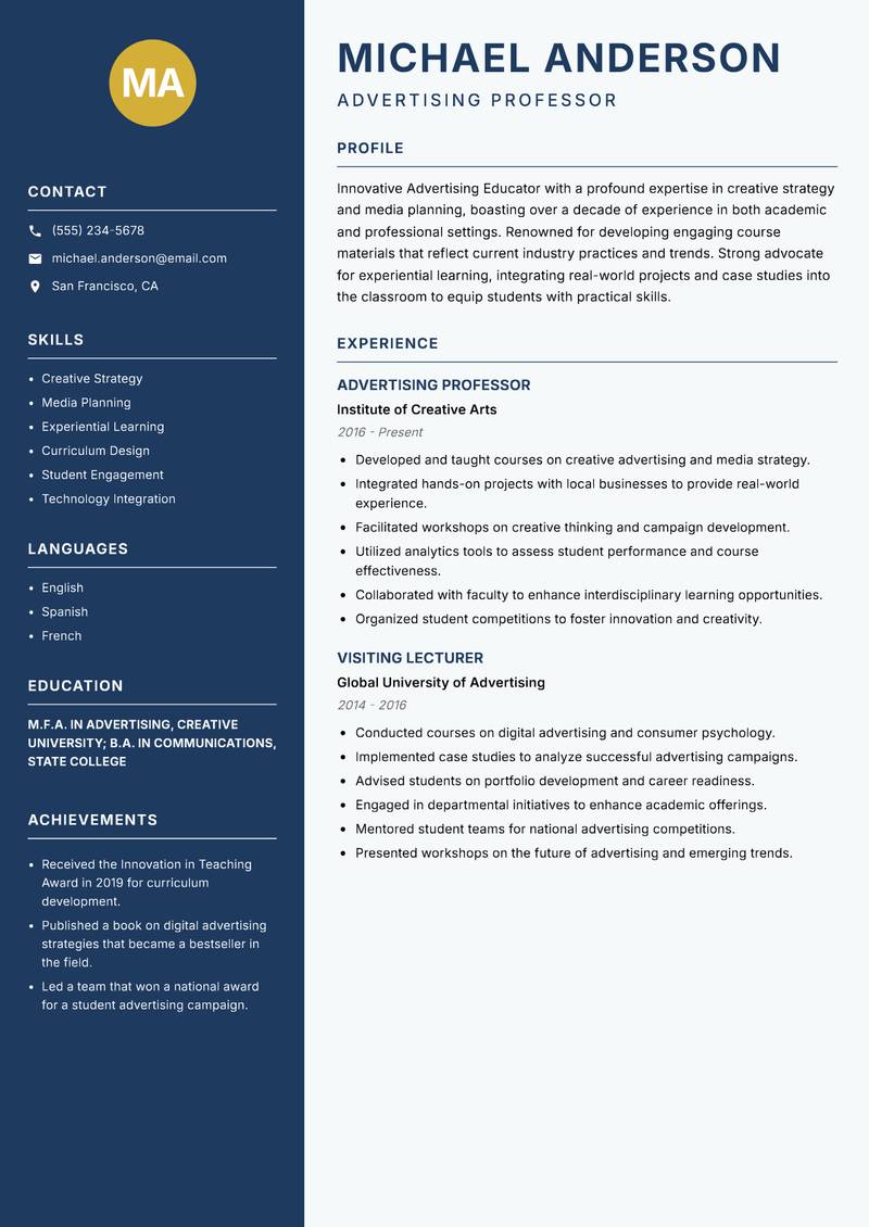Advertising Educator resume sample — Advertising Professor focus