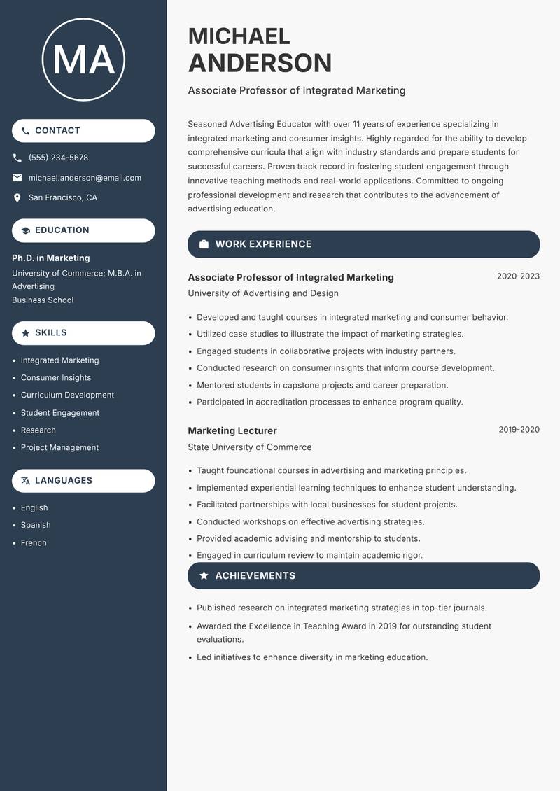 Advertising Educator resume sample — Associate Professor of Integrated Marketing focus