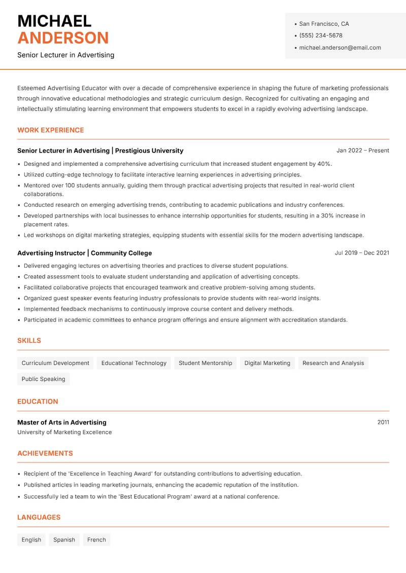 Advertising Educator resume sample — Senior Lecturer in Advertising focus