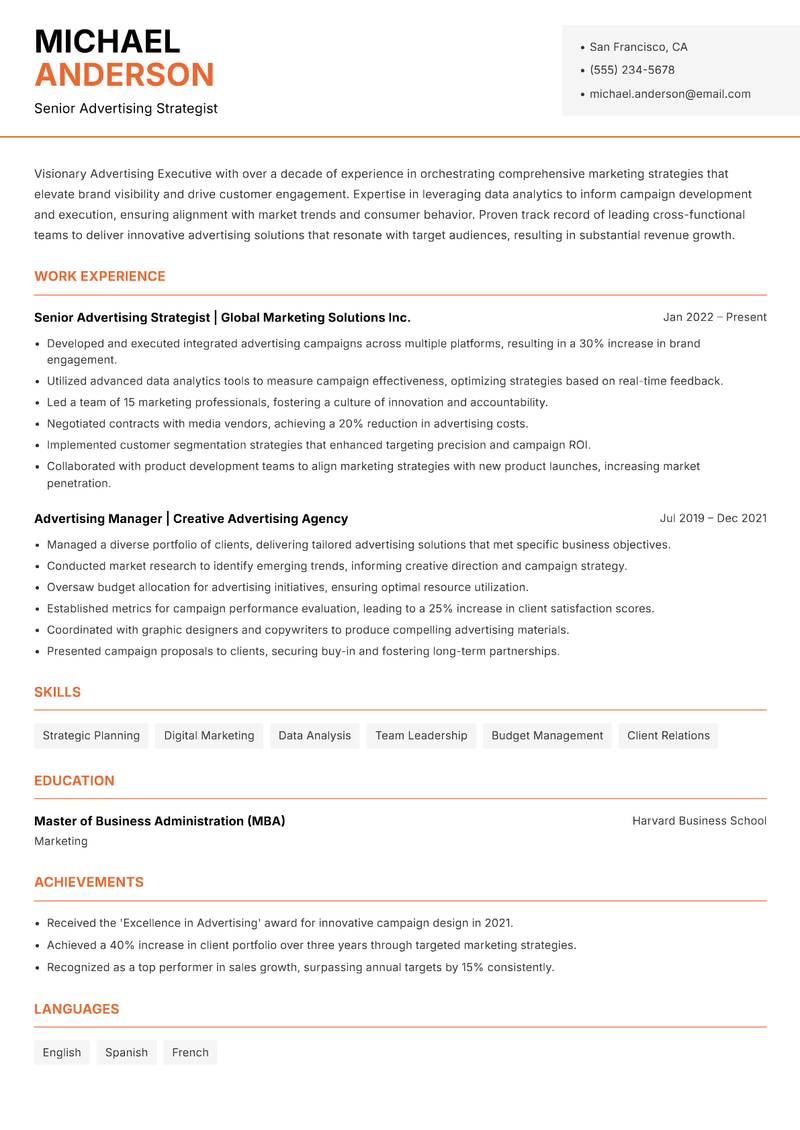 Advertising Executive resume sample — Senior Advertising Strategist focus