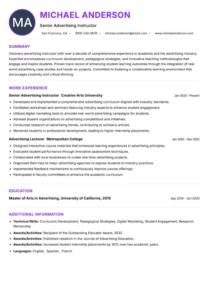 Advertising Instructor resume example